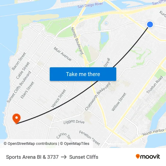 Sports Arena Bl & 3737 to Sunset Cliffs map