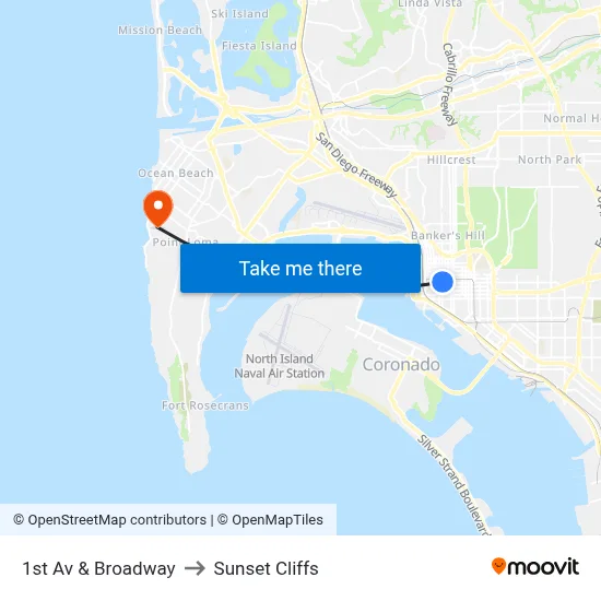 1st Av & Broadway to Sunset Cliffs map