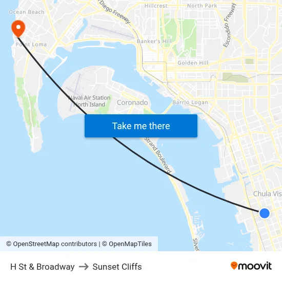 H St & Broadway to Sunset Cliffs map