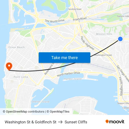 Washington St & Goldfinch St to Sunset Cliffs map