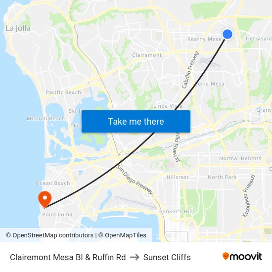 Clairemont Mesa Bl & Ruffin Rd to Sunset Cliffs map