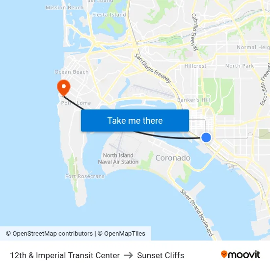 12th & Imperial Transit Center to Sunset Cliffs map