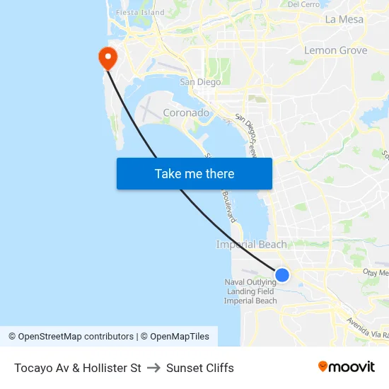 Tocayo Av & Hollister St to Sunset Cliffs map