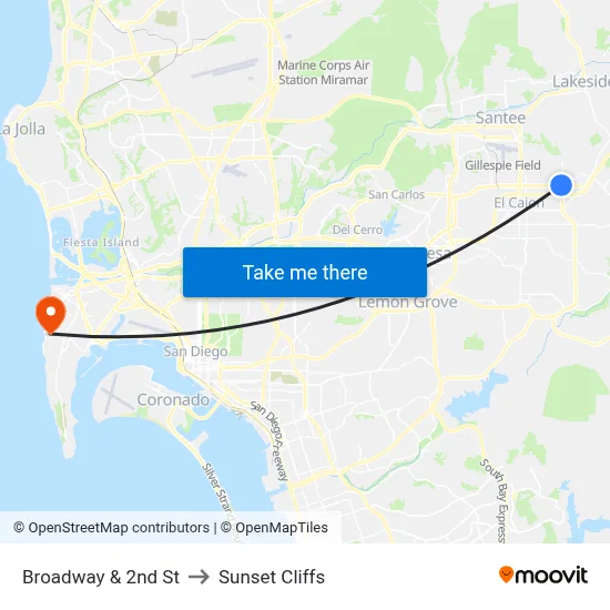 Broadway & 2nd St to Sunset Cliffs map