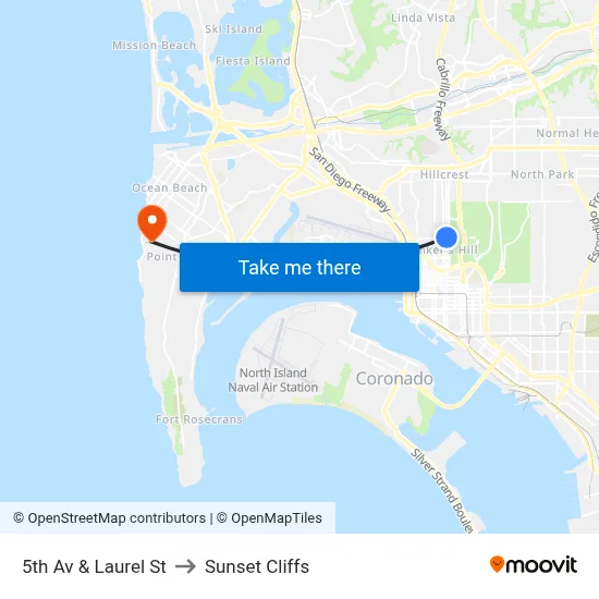 5th Av & Laurel St to Sunset Cliffs map