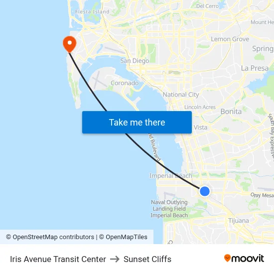 Iris Avenue Transit Center to Sunset Cliffs map