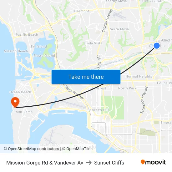Mission Gorge Rd & Vandever Av to Sunset Cliffs map
