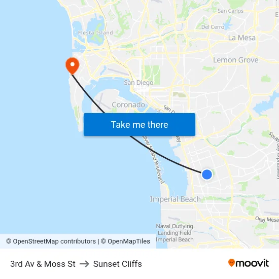 3rd Av & Moss St to Sunset Cliffs map