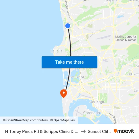 N Torrey Pines Rd & Scripps Clinic Drwy to Sunset Cliffs map