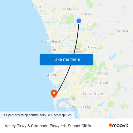 Valley Pkwy & Citracado Pkwy to Sunset Cliffs map