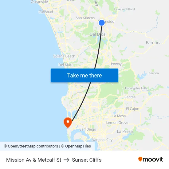 Mission Av & Metcalf St to Sunset Cliffs map