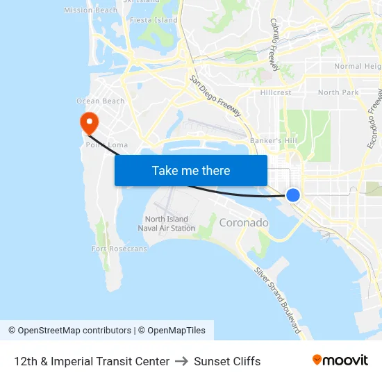 12th & Imperial Transit Center to Sunset Cliffs map
