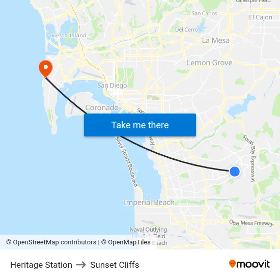 Heritage Station to Sunset Cliffs map