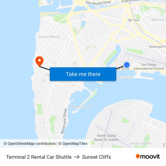 Terminal 2 Rental Car Shuttle to Sunset Cliffs map