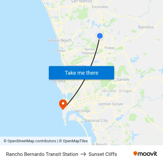 Rancho Bernardo Transit Station to Sunset Cliffs map