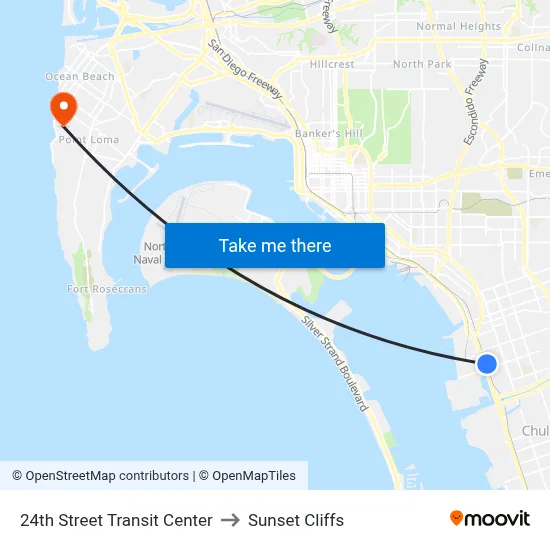 24th Street Transit Center to Sunset Cliffs map