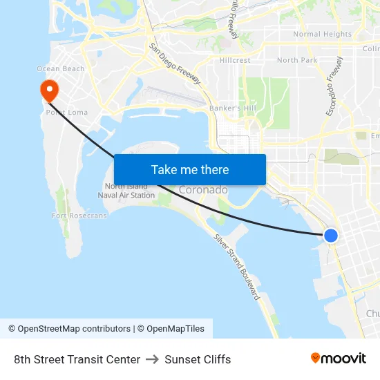 8th Street Transit Center to Sunset Cliffs map