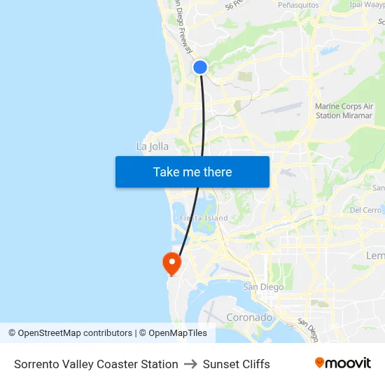 Sorrento Valley Coaster Station to Sunset Cliffs map