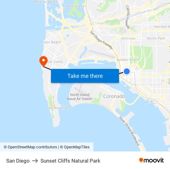 San Diego to Sunset Cliffs Natural Park map