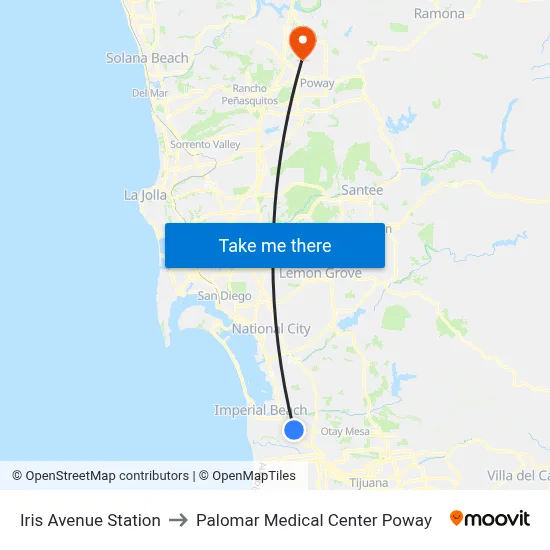Iris Avenue Station to Palomar Medical Center Poway map