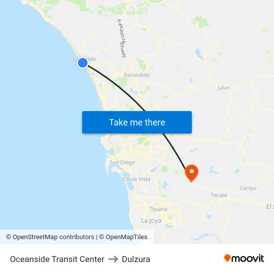 Oceanside Transit Center to Dulzura map