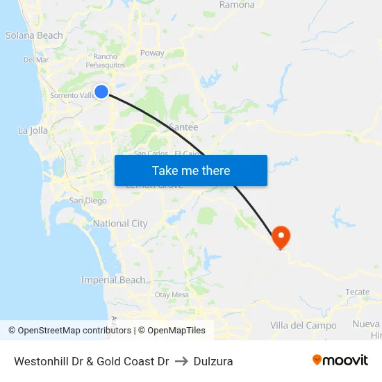 Westonhill Dr & Gold Coast Dr to Dulzura map
