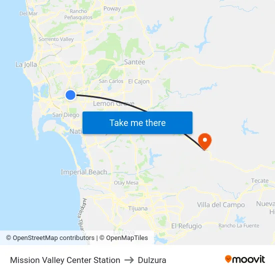 Mission Valley Center Station to Dulzura map