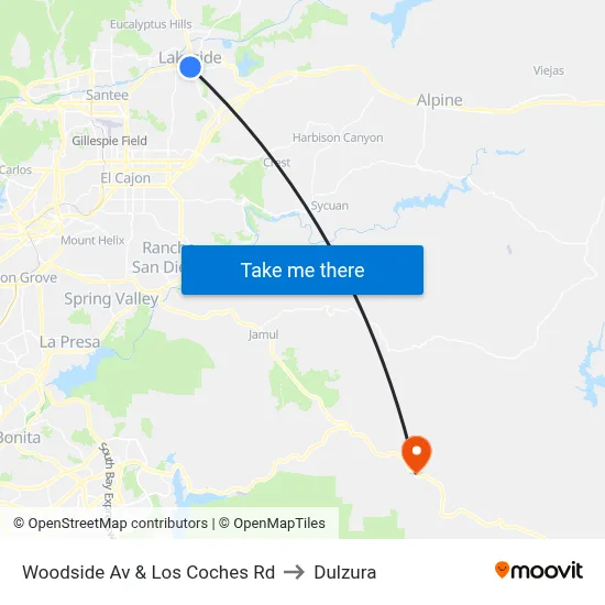 Woodside Av & Los Coches Rd to Dulzura map