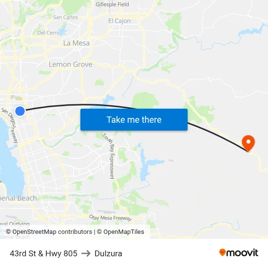 43rd St & Hwy 805 to Dulzura map