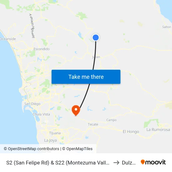 S2 (San Felipe Rd) & S22 (Montezuma Valley Rd) to Dulzura map