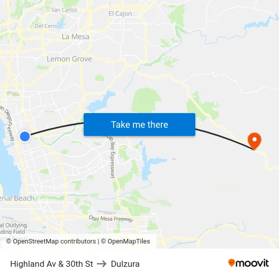 Highland Av & 30th St to Dulzura map
