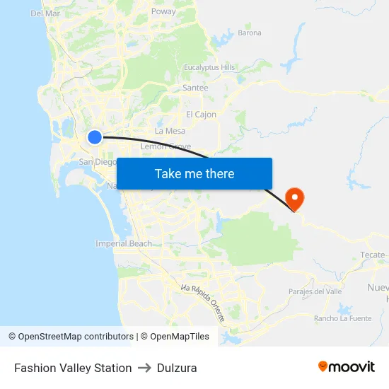 Fashion Valley Station to Dulzura map