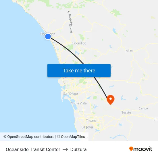 Oceanside Transit Center to Dulzura map