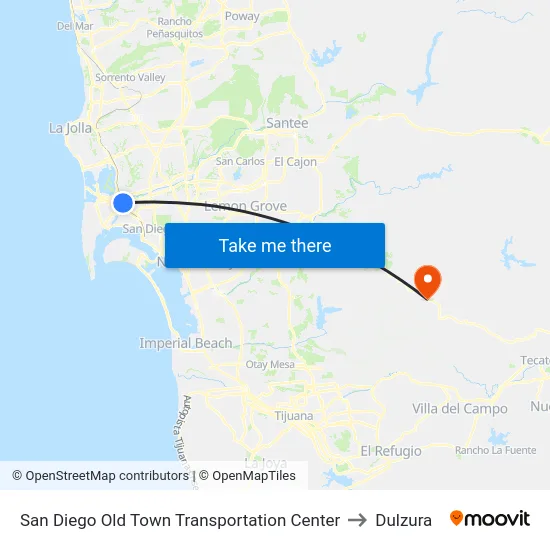 San Diego Old Town Transportation Center to Dulzura map