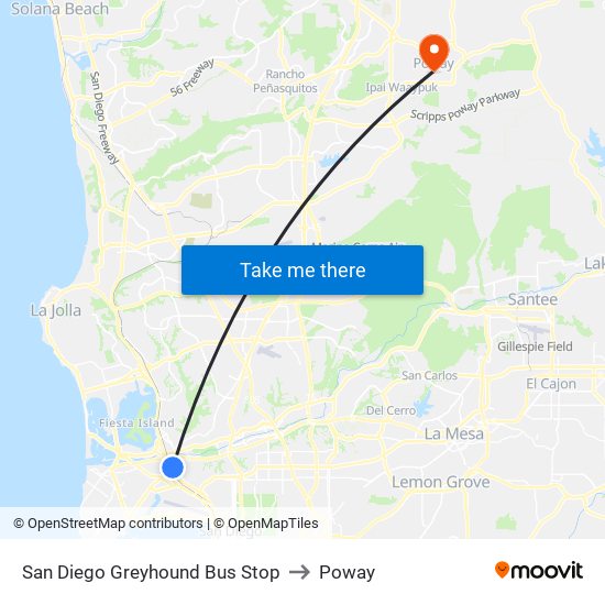San Diego Greyhound Bus Stop to Poway map