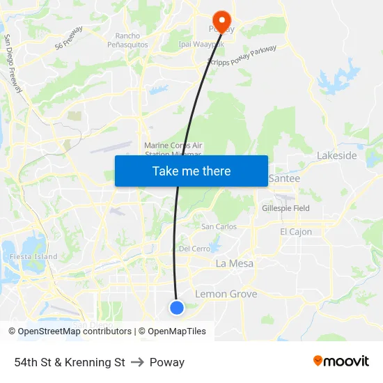 54th St & Krenning St to Poway map