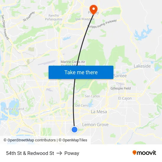 54th St & Redwood St to Poway map