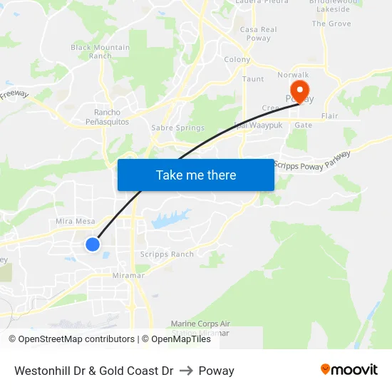 Westonhill Dr & Gold Coast Dr to Poway map