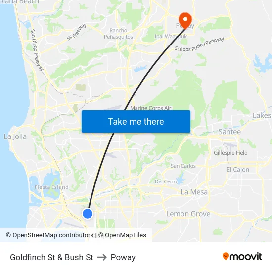 Goldfinch St & Bush St to Poway map