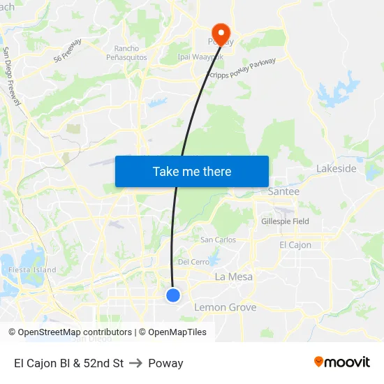 El Cajon Bl & 52nd St to Poway map