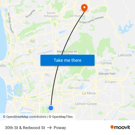 30th St & Redwood St to Poway map