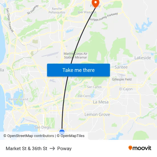 Market St & 36th St to Poway map