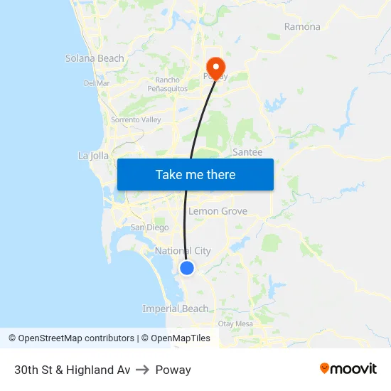 30th St & Highland Av to Poway map