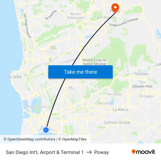 San Diego Int'L Airport & Terminal 1 to Poway map