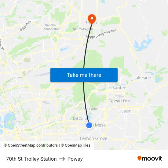 70th St Trolley Station to Poway map