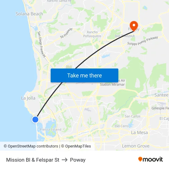 Mission Bl & Felspar St to Poway map