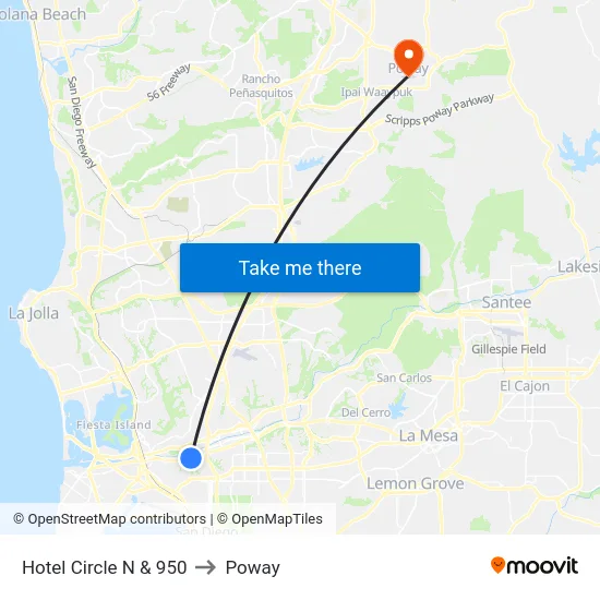 Hotel Circle N & 950 to Poway map
