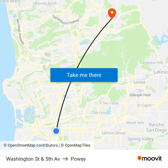 Washington St & 5th Av to Poway map
