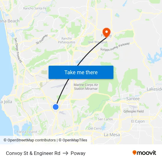 Convoy St & Engineer Rd to Poway map