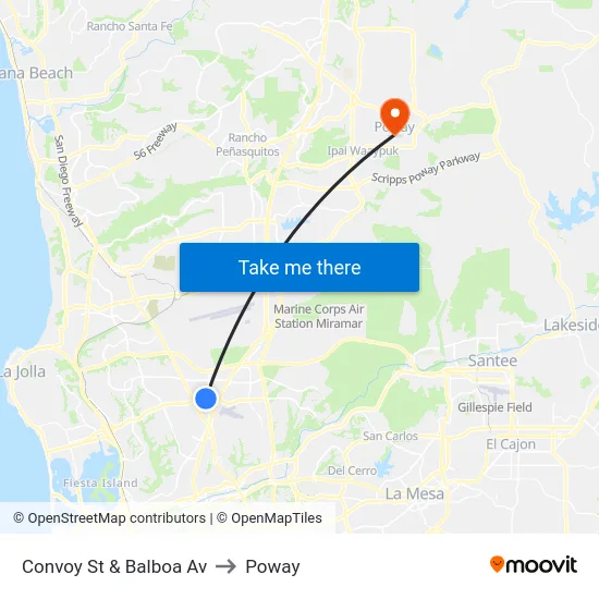 Convoy St & Balboa Av to Poway map